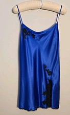Vtg Victoria's Secret Royal Blue Silky Satin Black Lace Slip Dress Babydoll L