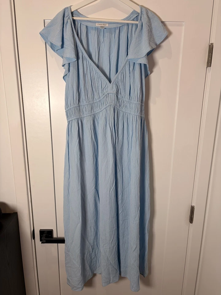 Calvin Klein Women's Blue Empire-Waist Flutter-Sleeve MIDI Sheath Dress Size 16 - Image 2 of 4