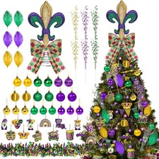 49 Pcs Mardi Gras Ornaments Set - Wired Berries, Wooden Decor, LED Lights, Feath