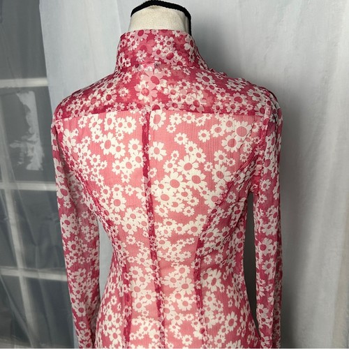 100% Silk Ruffled Tuxedo Front Button Down Collared Blouse Y2K Retro Floral - Picture 8 of 16