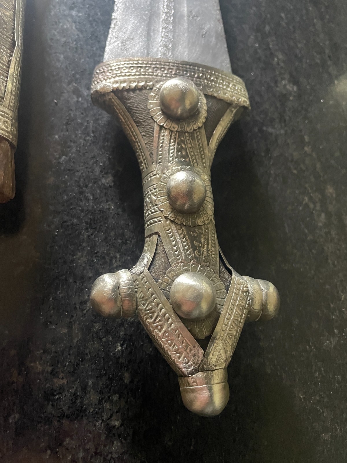 Antique Arabian Jambiya Dagger – Silver-Brass – Worn Scabbard – As is.