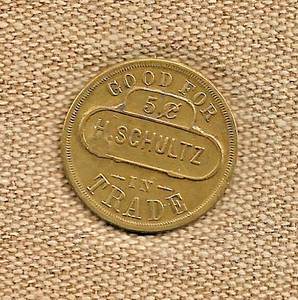SCARCE c 1905 CINCINNATI OHIO BRASS TOKEN - H. SCHULTZ SALOON - G/F 5¢ - c/s '7'