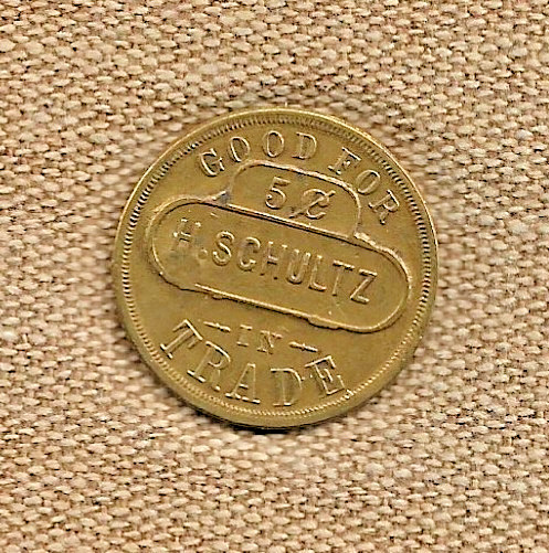 SCARCE c 1905 CINCINNATI OHIO BRASS TOKEN - H. SCHULTZ SALOON - G/F 5¢ - c/s '7'