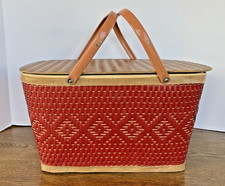 VINTAGE 1960's REDMAN Picnic Basket Red & Brown Woven Wicker Design 18" Long EUC