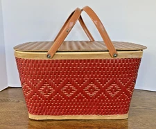 VINTAGE 1960's REDMAN Picnic Basket Red & Brown Woven Wicker Design 18" Long EUC