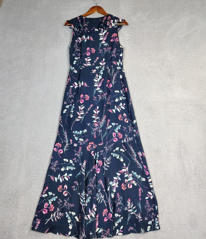 Banana Republic Maxi Dress Women 4 Navy Floral Faux Wrap Ruffle High-Low Prairie - Image 2 of 4