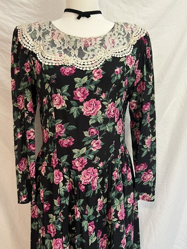 Vtg Rose Dark Floral 80s Dress Lace Gothic Princess Romantic Fairy Whimsigoth - Picture 11 of 21