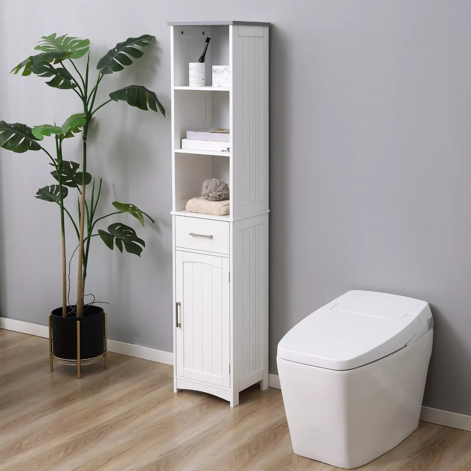 Tall Bathroom Storage Cabinet Slim Freestanding Linen Tower - White