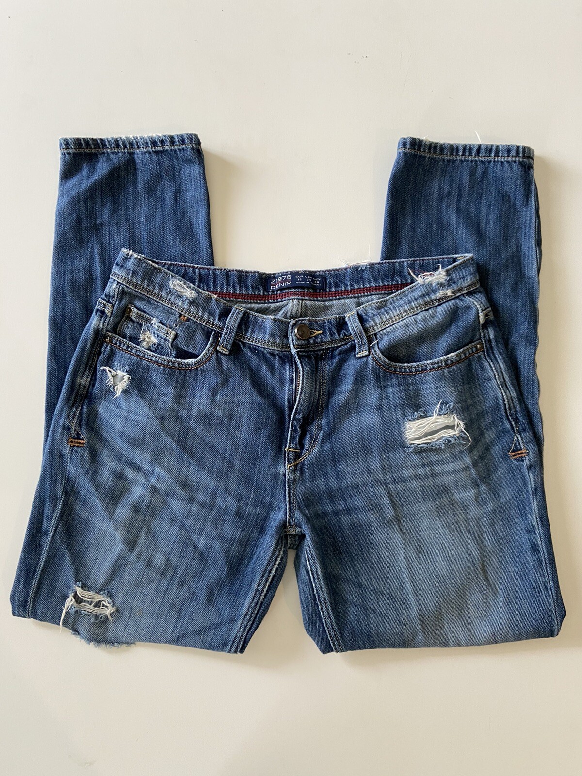 Zara Basic Denim Jeans Distressed Regular Fit Blu… - image 7