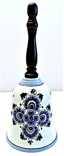Vintage Elesva Hand Painted Porcelain Delft Blue 8” Bell w/ Wood Handle - Picture 2 of 7