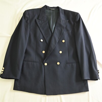 Vtg USA Made 42R Navy Gold Button Super 100s Double Breasted Blazer Sport Coat