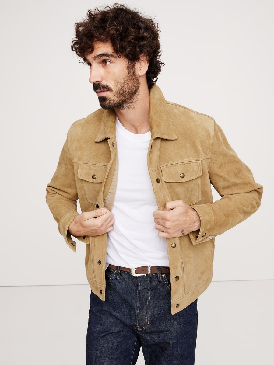 New Banana Republic Suede Leather Trucker Jacket Size Medium Beige