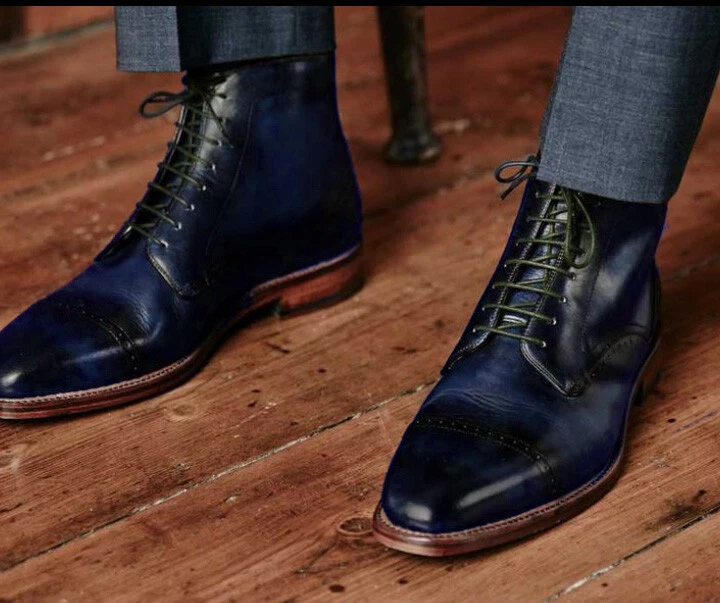 Handmade Men Navy blue Lace up Leather ankle boots Blue leather