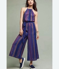 Cleobella Size 0 Blue Gold Metallic Striped Wide Leg Cropped Haltered Jumpsuit