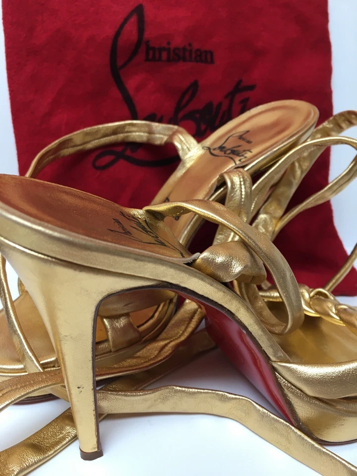 Sandalias de aguja Christian Louboutin de cuero dorado con encaje envolvente IT 37.5~ funcionan pequeñas Foto 2 de 4