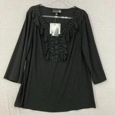 New Antthony size XL Black Ruffle V Neck 3/4 Sleeve Stretch Knit Blouse