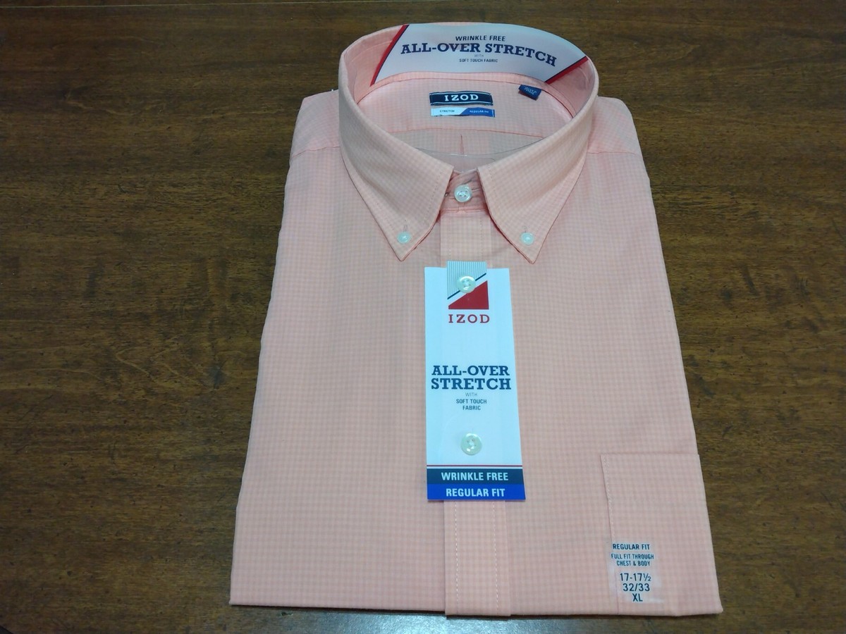 IZOD Mens Dress Shirt Stretch Button Up Collared Check Coral 17-17 1/2 32/33 NWT IZOD Mens Dress Shirt Stretch Button Up Collared Check Coral 17-17 1/2 32/33 NWT