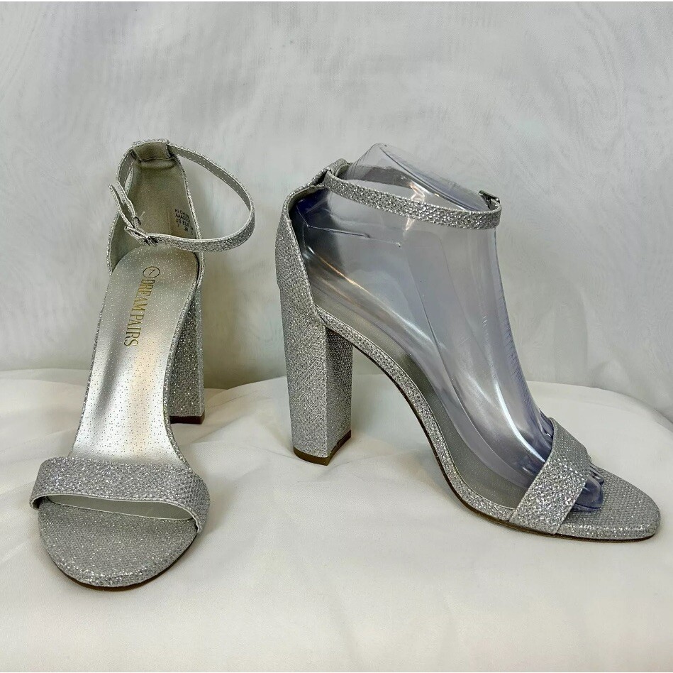 New Womens Silver Sparkle Chunky High Heel Open Toe Shoes size - Main Image