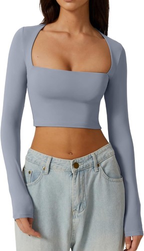 Women's Sexy Square Neck Crop Top Long Sleeve Slim Fit Cropped T Shirts - Picture 44 of 67