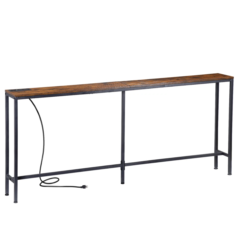 Mesa console com tomada elétrica sofá mesa estreita 70,8" atrás mesa sofá marrom - Imagem 4 de 4