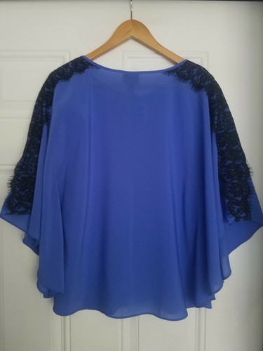 Women's Nicole Miller Silky Blue Black Lace Stylish Loose Fit Flowy Blouse S - Picture 9 of 12