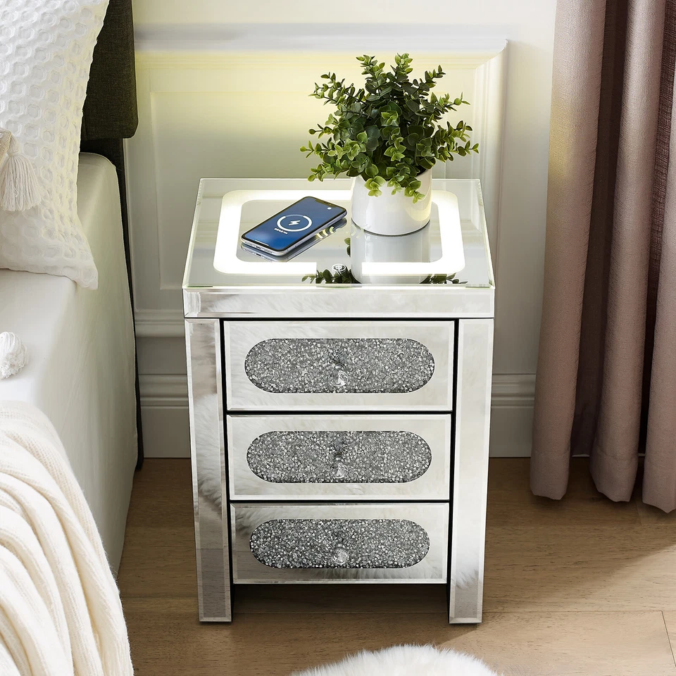 Mirrored Nightstand End Table Wireless Charging Station,LED Lights,USB,3-Drawers - Image 3 of 4