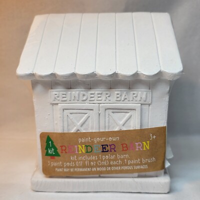 Paint Your Own REINDEER BARN White Plaster New Sealed Christmas Holiday *READ