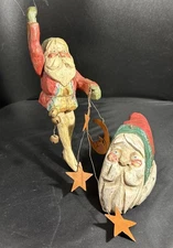 Lot of 2 1988 House of Hatten Folk Art Santa Elf Carved Christmas Ornament READ