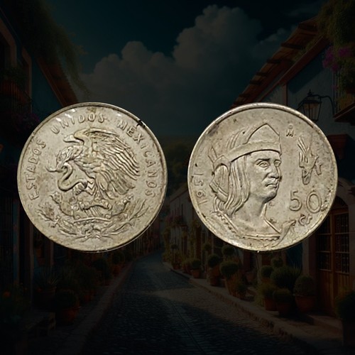 1951 Mexico 50 Centavos Coin, .300 Silver, King Cuauhtemoc, Coat of Arms