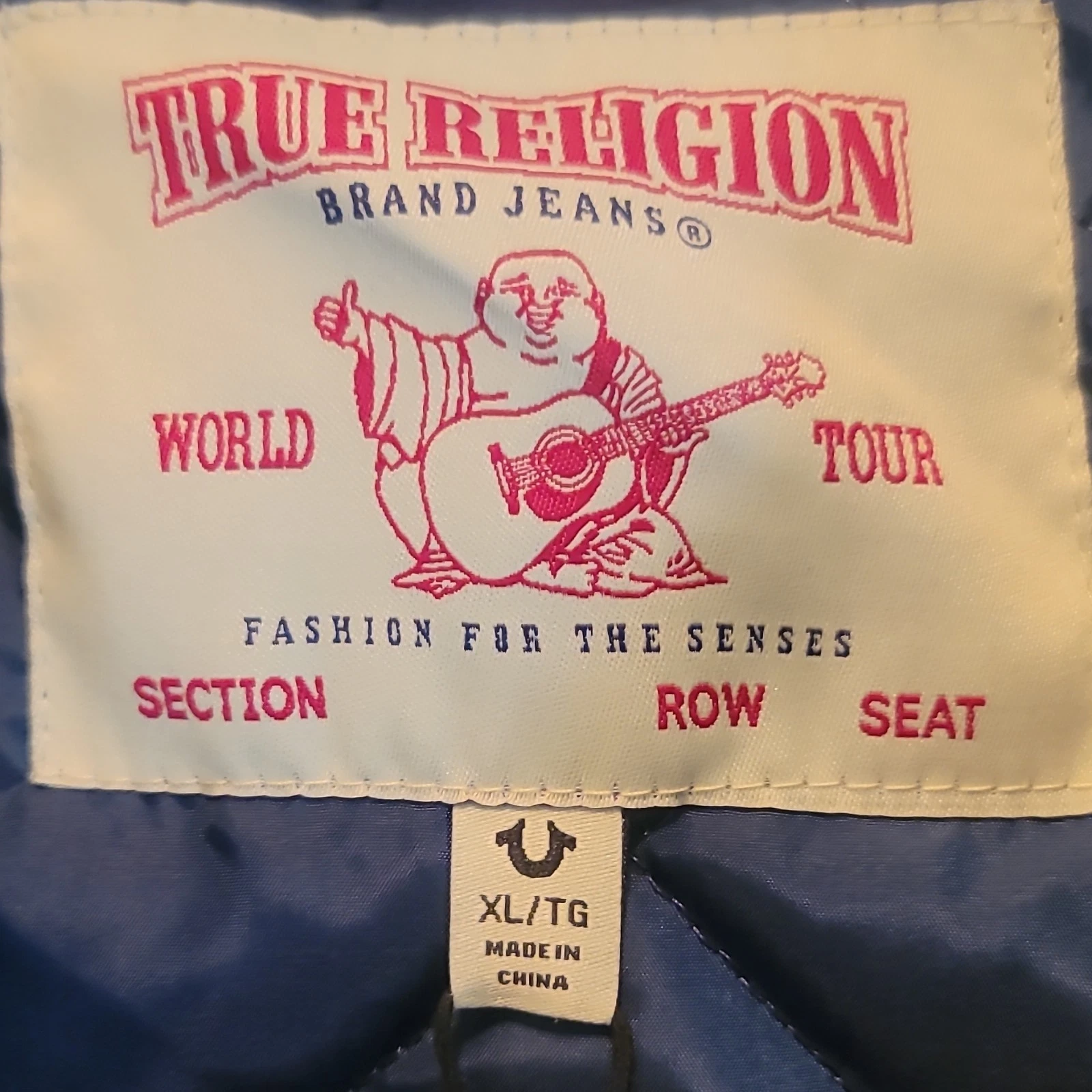 True Religion Men’s Varsity Jacket Button Blue/Brown Faux Leather XL Logo image 2