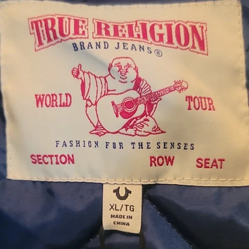 True Religion Men’s Varsity Jacket Button Blue/Brown Faux Leather XL Logo image 2