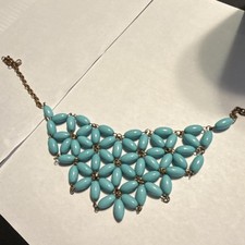 Turquoise Gold Tone Bib Statement Necklace Oval Asymmetrical Pendant Fashion
