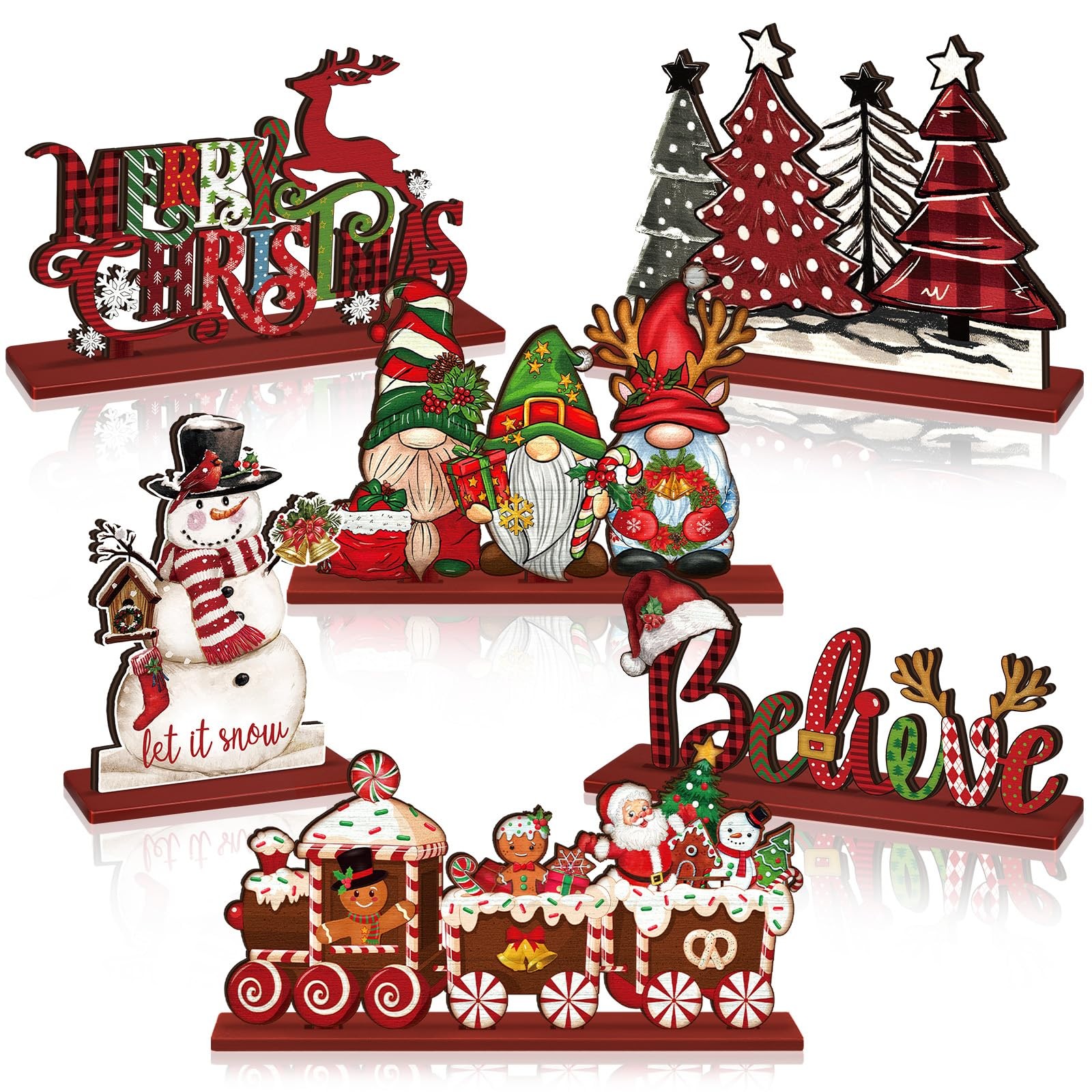6 Pcs Christmas Table Decorations Wood Centerpieces Decor Merry Christmas Gin...