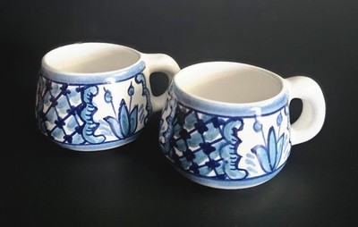 Vintage Mexican Talavara Espresso Cups Set Blue White Hand Painted Demitasse