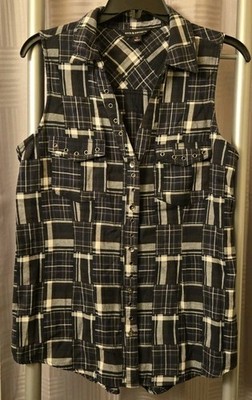 Rock & Republic Womens M Black White Plaid Sleeveless Button Front Top