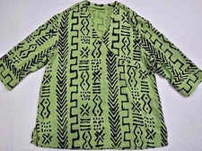 Vintage Tianello Soul Of Africa Green Tribal Print Tunic Top L 3/4 Sleeve Womens