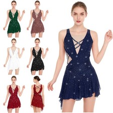 US Women Dresses Costume Dress Sleeveless Dancewear Bodysuit Strap Stage Adorned