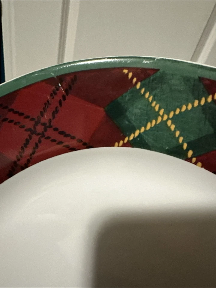 4 винтажных обеденных тарелки 1995 Block Gear Father Christmas в клетку обод 10,5 дюйма - Изображение 3 из 4