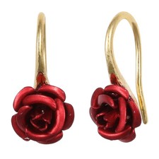 Cute Red Rose Dangle Earrings for Women 3D Flower Drop Ear Studs 18K Gold Plated