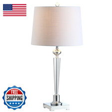 Jonathan Y 28.25 Clear Crystal Table Lamp Chrome Candlestick Base White Linen