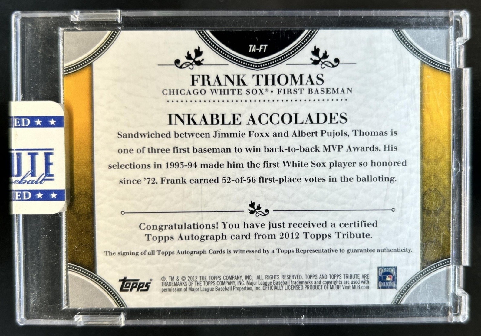 2012 Topps Tribute Frank Thomas Auto Autograph Purple #1/1 White Sox view 2