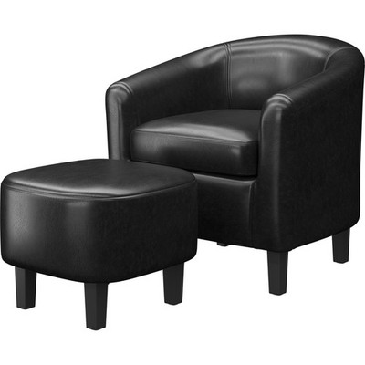 Accent Chair with Ottoman, Mid Century Modern Barrel Faux Leather Chair, Black