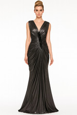 TADASHI SHOJI Metallic Silver Beaded Ruched Shirred Mermaid Dress Gown M  8/10