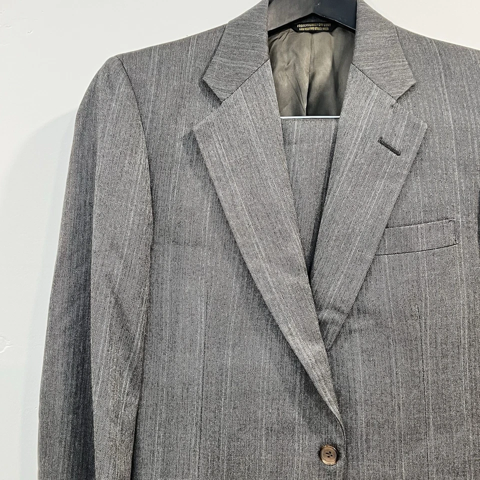 Traje de hombre talla 40R pantalones 34Wx30L gris a rayas vintage lana traje de 2 piezas Foto 3 de 4