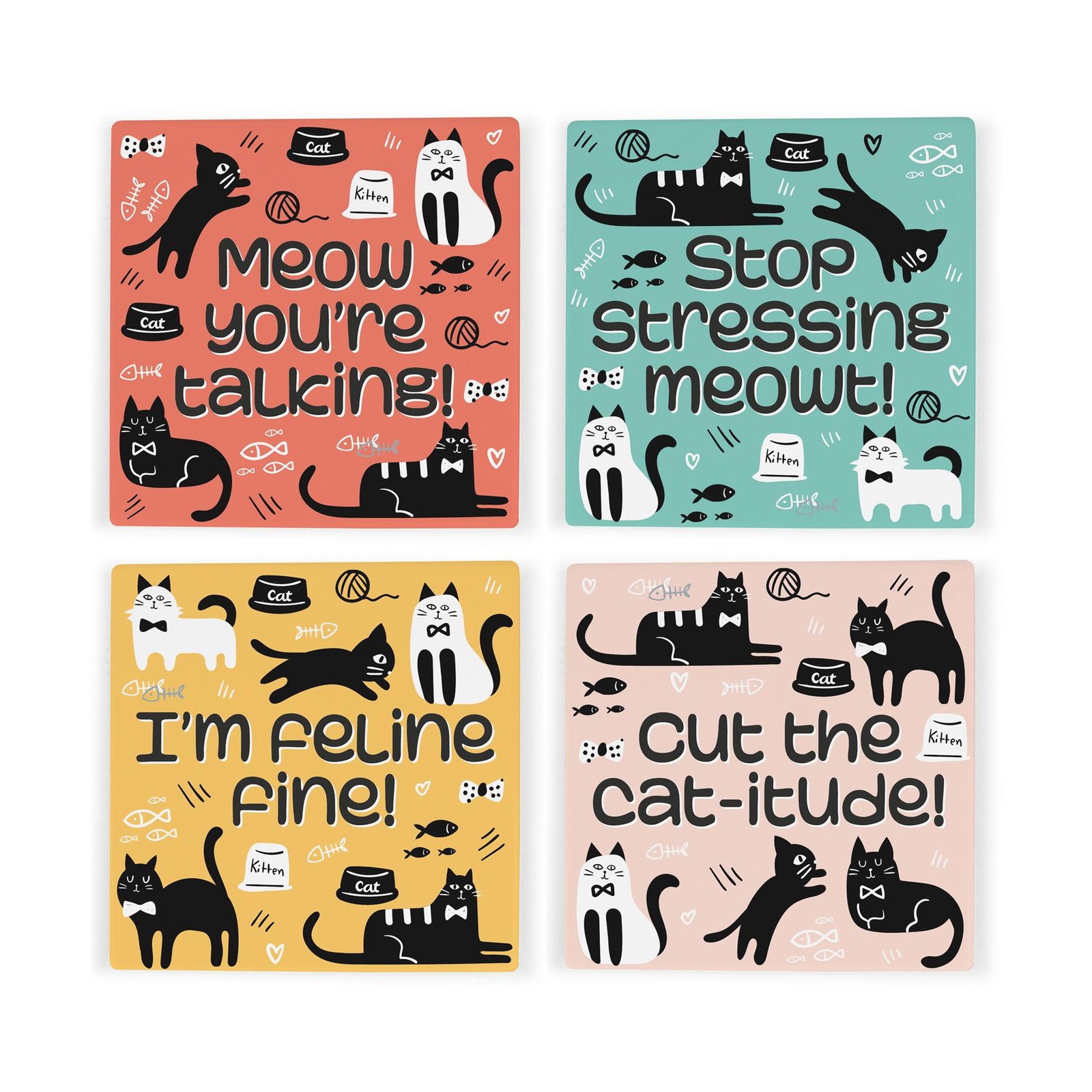 Felines With Catitude Ceramic Coasters - Novelty Gift for Cat Lovers - Set of 4