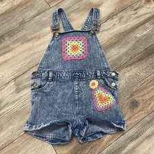 Little Lass Denim Shortalls Girls 6X Crochet Patchwork Cottage Romper Stonewash