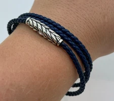 David Yurman Chevron Triple Wrap Bracelet Blue Leather with Sterling