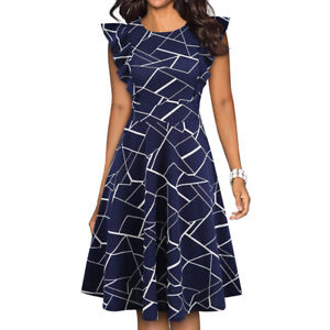 Womens-Elegant-Ruffle-Floral-Flared-Swing-Casual-Formal-Office-Work-Summer-Dress