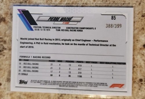 /399 Sp 2021 Topps Chrome F1 Pierre Wache Purple Refractor Holo Red Bull Racing - Picture 3 of 3