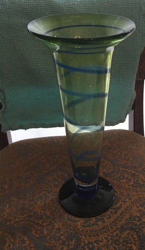 12" Tall Hand Blown Stretched Fluted Art Glass Vase- Blue/green - Picture 7 of 9